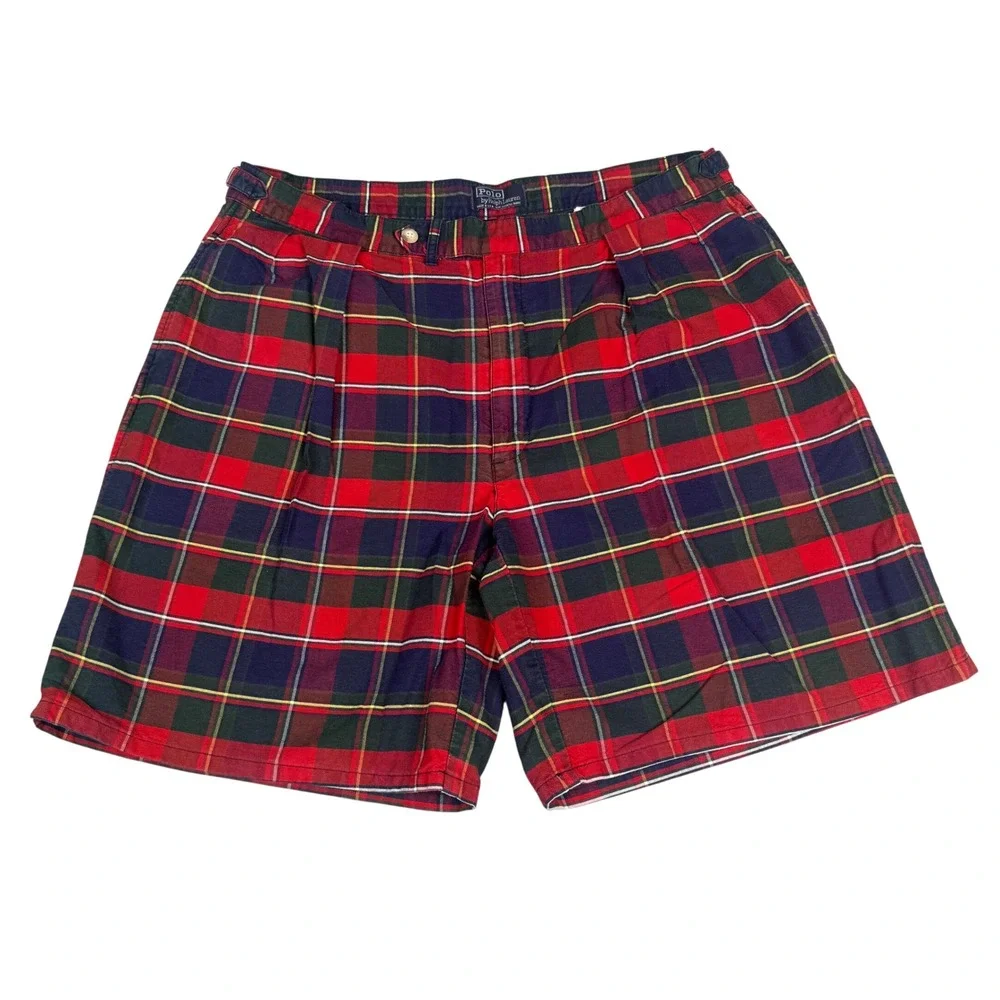 VTG Polo Ralph Lauren Shorts Mens 38 Red Tartain Plaid Pleated Chino USA Made